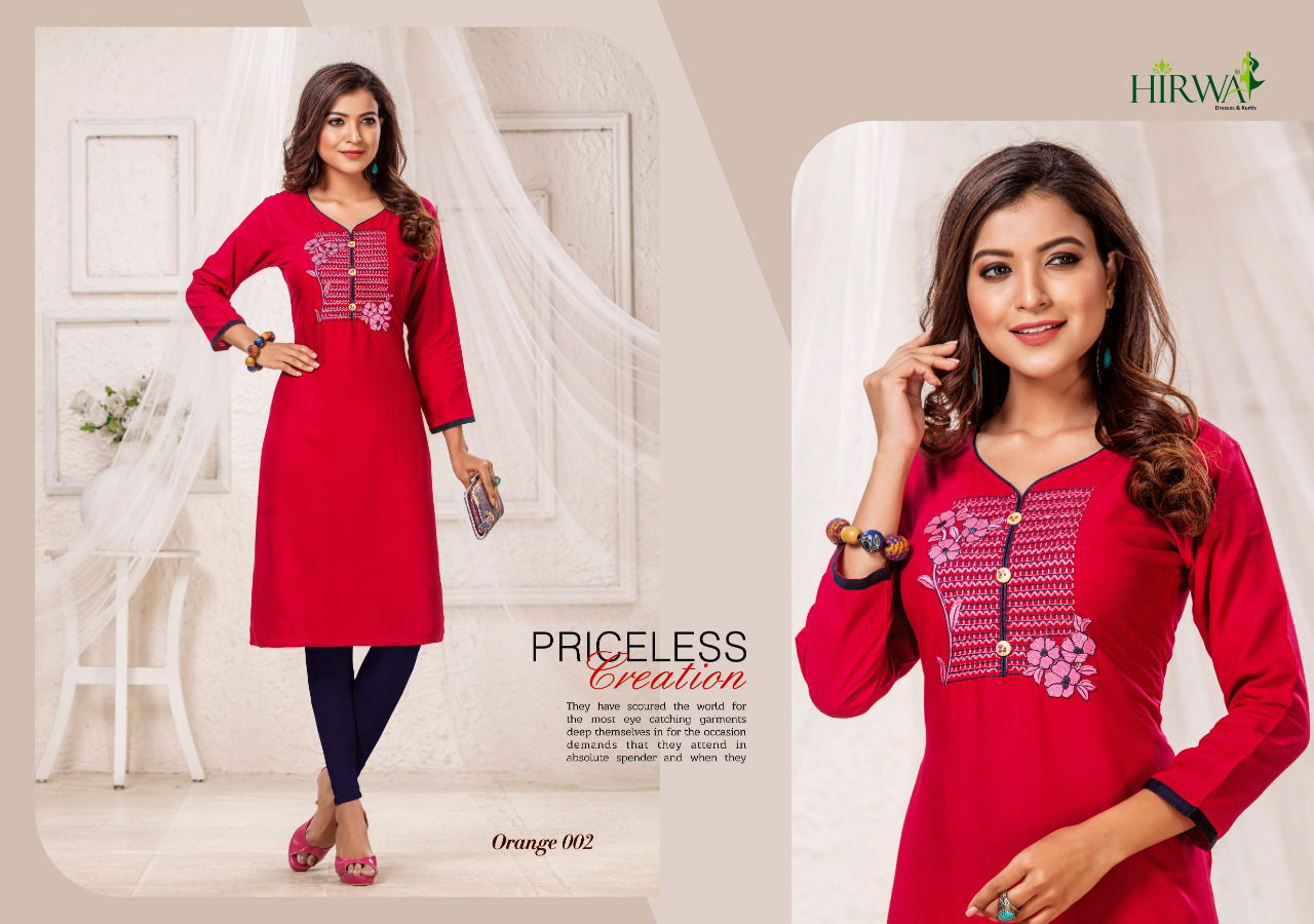 Hirwa Orange 2 Heavy Rayon Straight Cut Kurti
